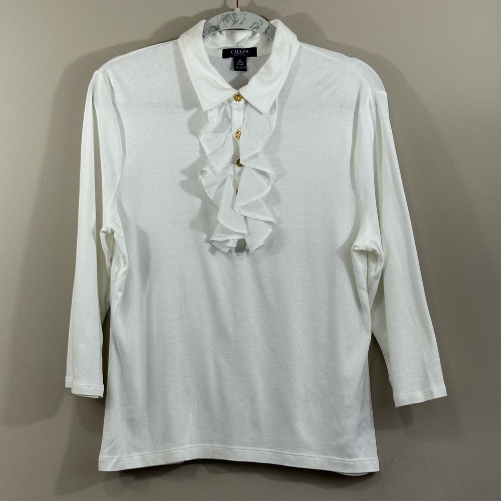 Chaps White Ruffle Front Blouse